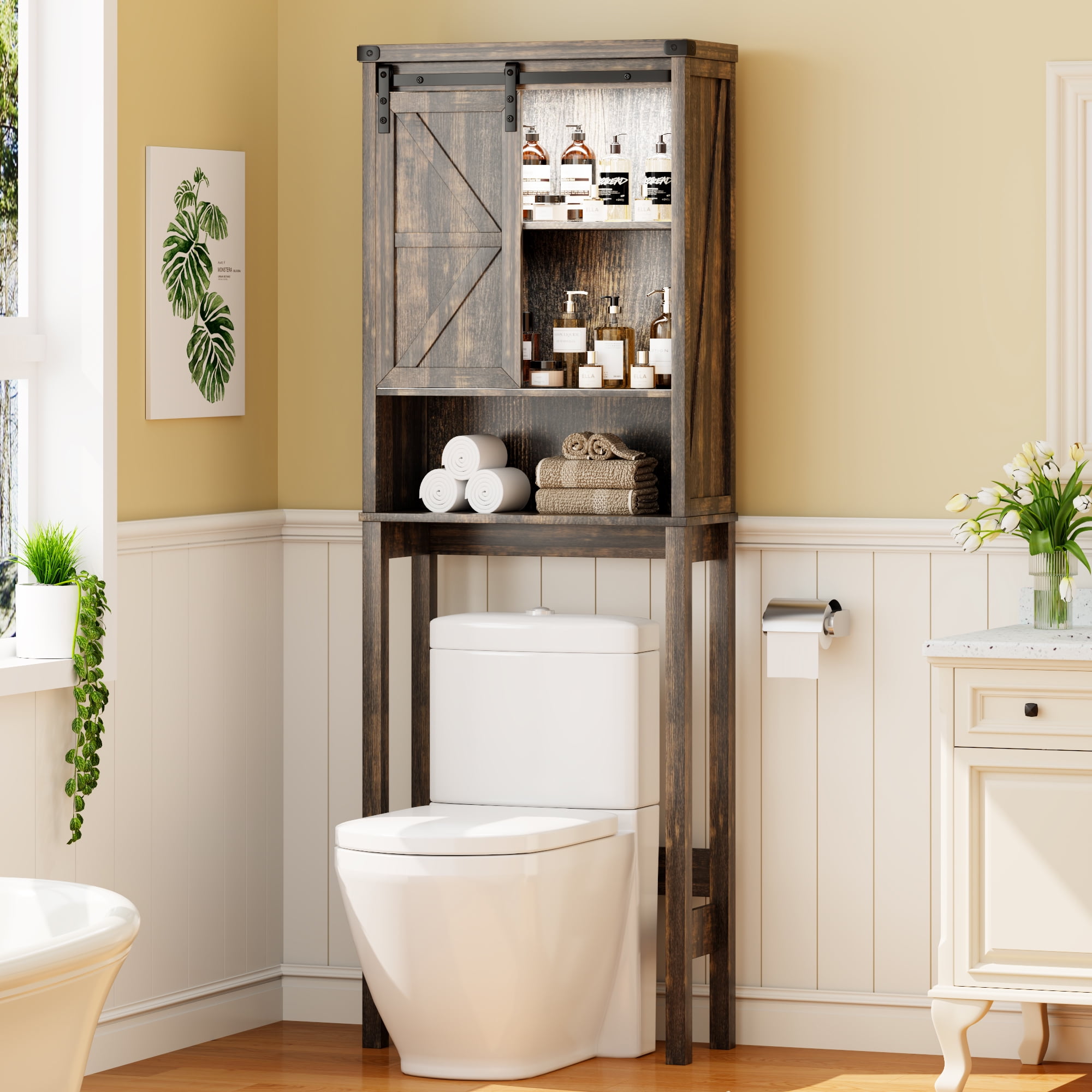 Over The Toilet Storage with Sliding Barn Door, Farmhouse
