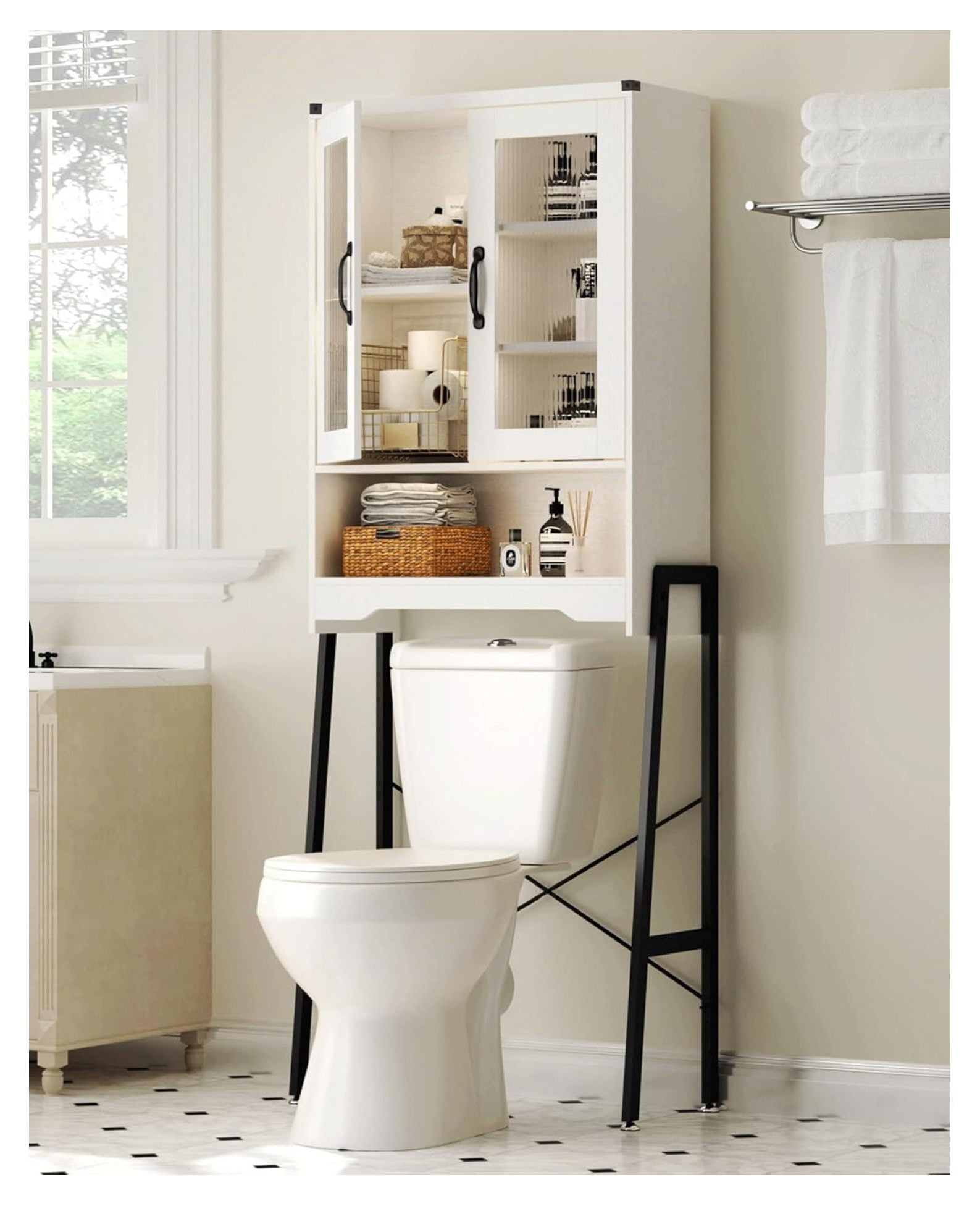 Over The Toilet Storage Cabinet with Tempered Glass Doors & Metal Stand ...