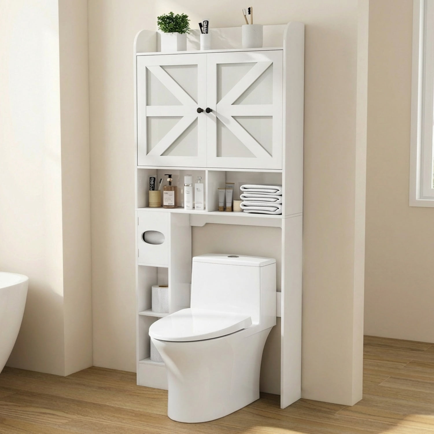 Over The Toilet Storage Cabinet, White Bathroom Organizer with Reversible Side Shelves, 32.3"W Farmhouse Rack with Barn Doors