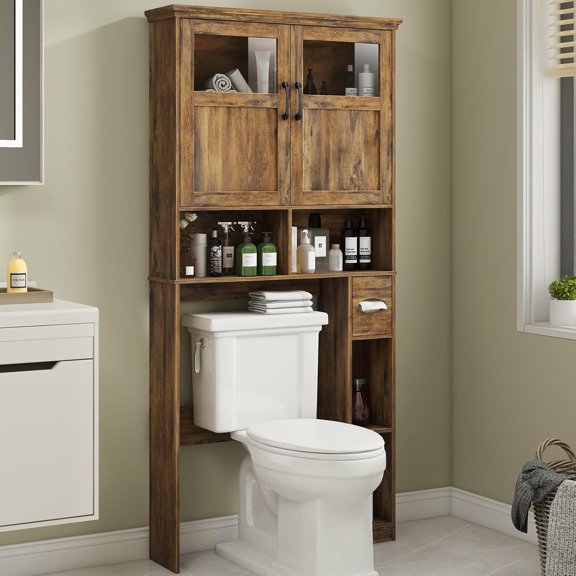 Over The Toilet Storage Cabinet With Double Doors & Paper Holder Stand, Freestanding Shelf Space Saver With Anti-Tip Design & Adjustable Shelf, Brown