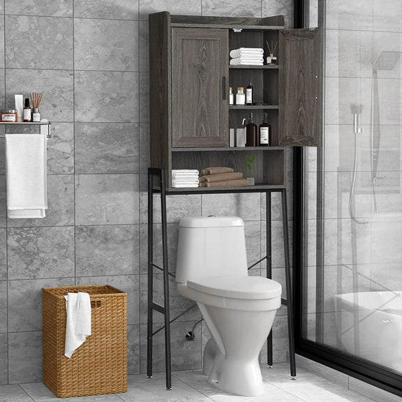 Over The Toilet Storage Cabinet, Wooden Space-Saving Bathroom Organizer Shelf Over Toilet Storage Rack with Double Door and Adjustable Feet