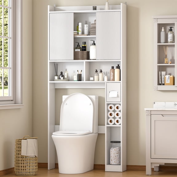 Over The Toilet Storage Cabinet with 2 Sliding Doors & Toilet Paper Holder, Freestanding Adjustable Organizer for Bathroom & Laundry,White