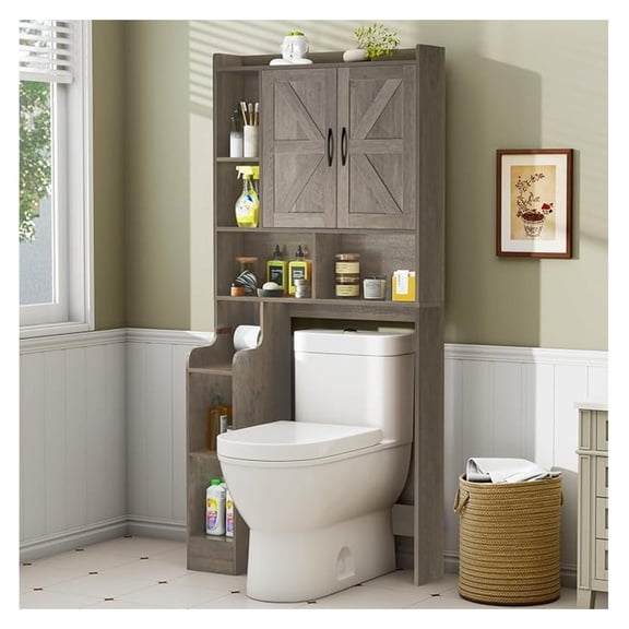 Over The Toilet Storage Cabinet with Barn Doors, Rustic Bathroom Organizer, Space-Saving Shelf for Laundry, Grey
