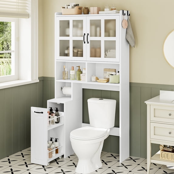 Over The Toilet Storage Cabinet with Frosted Door, Bathroom Storage Cabinet W/Adjustable Shelf for Bathroom, Restroom, Laundry, White