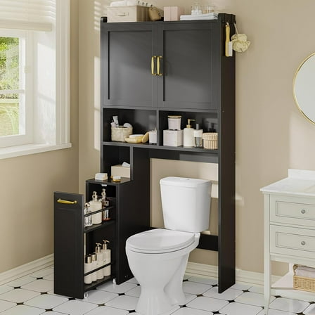 Over The Toilet Storage Cabinet with Pulley, Bathroom Storage Cabinet, with Adjustable Shelf and Open Shelf for Bathroom, Restroom, Laundry, Black