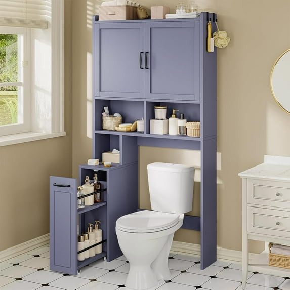 Over The Toilet Storage Cabinet with Pulley, Bathroom Storage Cabinet, with Adjustable Shelf and Open Shelf for Bathroom, Restroom, Laundry, Blue