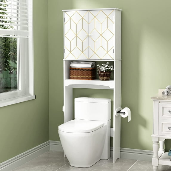 Over The Toilet Storage Cabinet with Trim, Modern Bathroom Organizer Over Toilet with Adjustable Shelves and Toilet Paper Holder for Bathroom