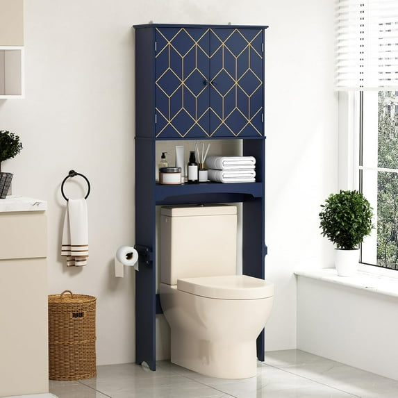 Over The Toilet Storage Cabinet with Trim, Modern Bathroom Organizer Over Toilet with Adjustable Shelves and Toilet Paper Holder for Bathroom