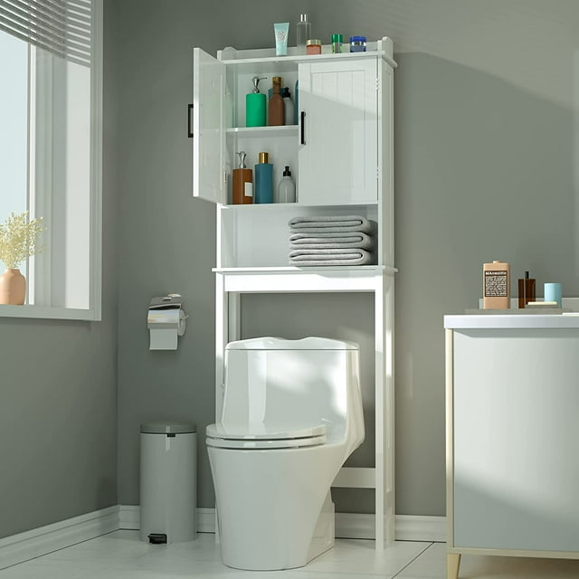 Over The Toilet Storage Organizer and Small Freestanding Cabinet W/Adjustable Shelf & Storage Rack, Bathroom Space Saver, White