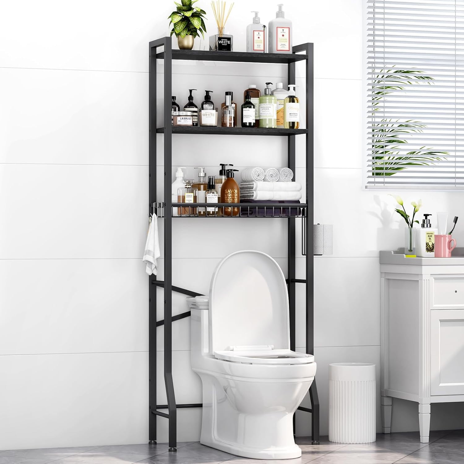 Adjustable Black Over-The-Toilet Storage Rack with Wood Shelves