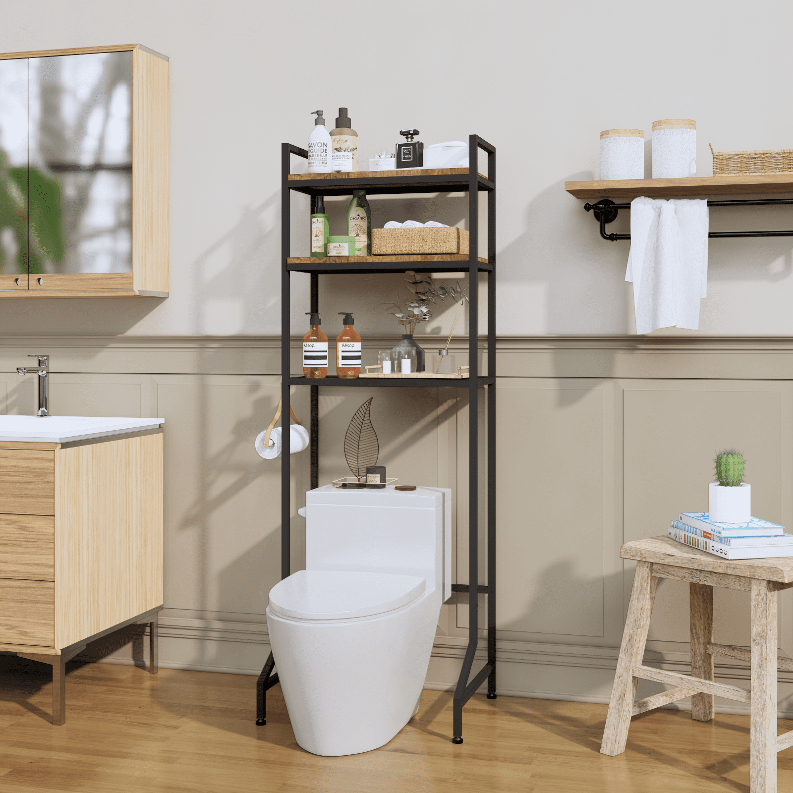 Over The Toilet Storage Rack 3-Tier Bathroom Organizer Shelf Over Toilet Multi-Functional Shelves Toilet Storage Rack Rustic Brown