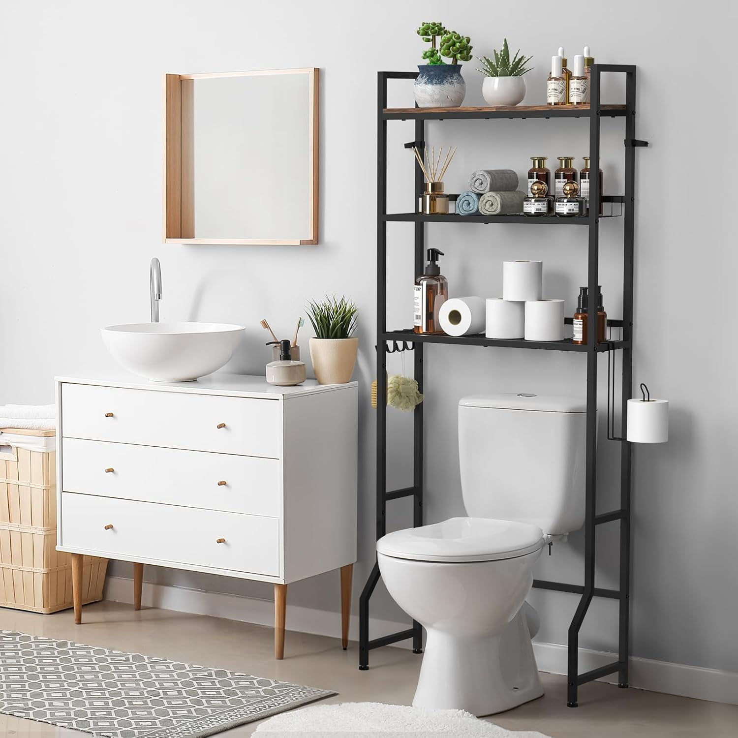 Brown 3-Tier Industrial Over-the-Toilet Storage Rack with Hooks