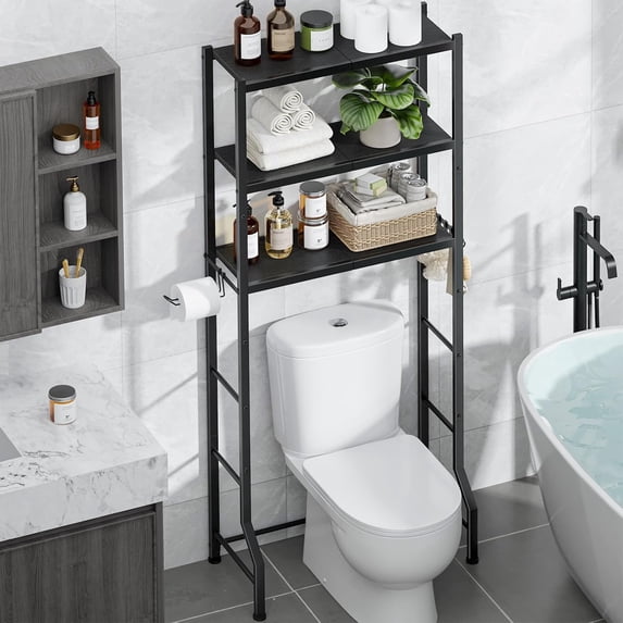 Over-The-Toilet Storage Rack - Freestanding Over The Toilet Storage Cabinet with Paper Holder & Hooks, Bathroom Organizers and Storage, Black, 3 Tiers (61" H)