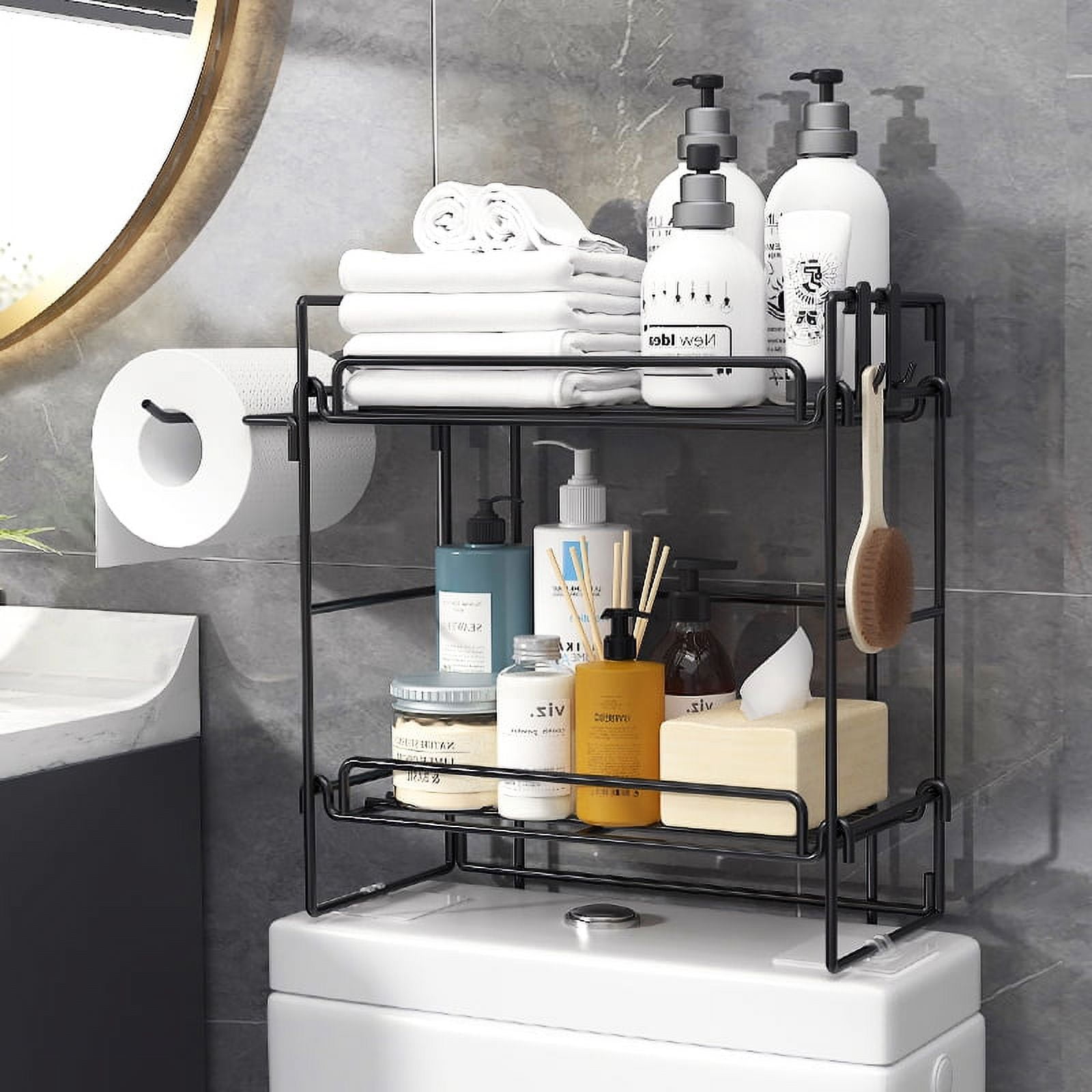Godboat Bathroom Organizer, 2-Tier Over The Toilet Storage, Bathroom  Storage with 2 Hooks, Bathroom Accessories for Space Saver, No Drilling  Design