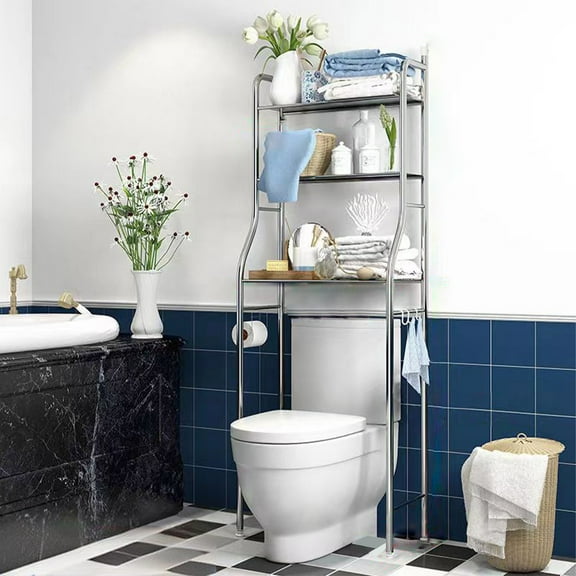 Over The Toilet Storage Shelf,3 Tier Bathroom Organizer with Toilet Paper Holder&Removable Towel Hooks,Space-Saving