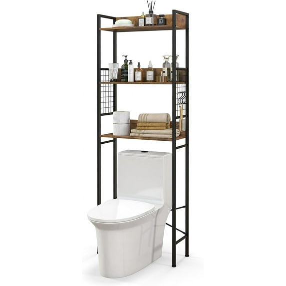 Over-The-Toilet Storage Shelf, 3-Tier Bathroom Space Saver with 3 Hooks, Industrial Tower Rack for Restroom, Kitchen, Freestanding Bathroom Organizer (Rustic Brown)
