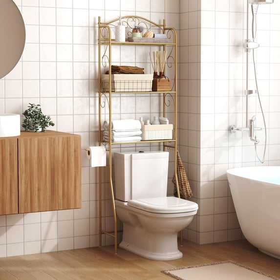 Over The Toilet Storage Shelf, 3-Tier Bathroom Organizer Rack with Hooks, Gold Space Saver