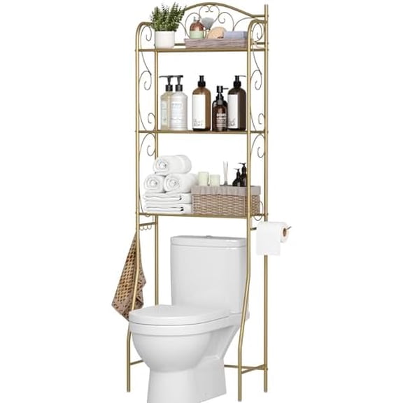 Over The Toilet Storage Shelf, 3-Tier Over Toilet Bathroom Organizer Rack, Freestanding Space Saver Toilet Stands with Hooks, Gold