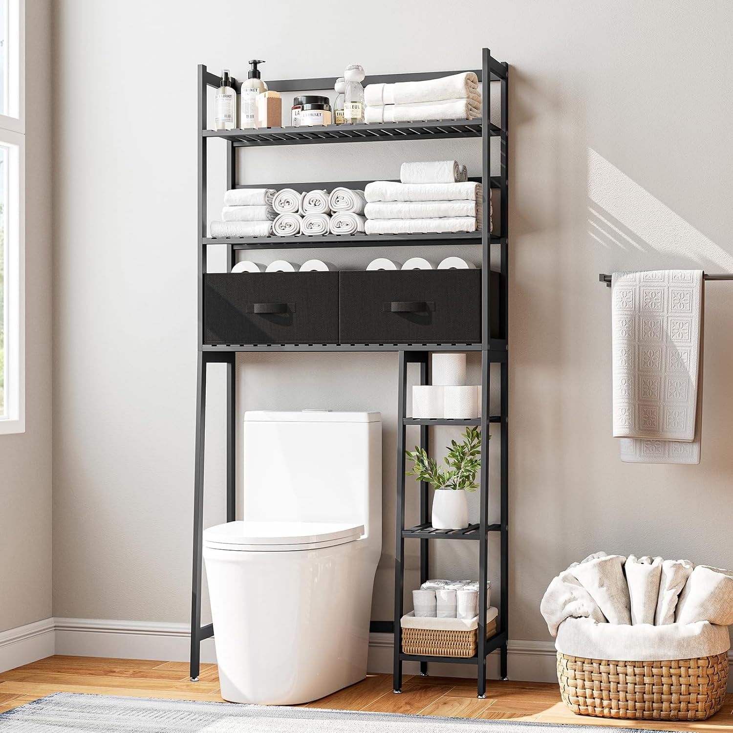 Over The Toilet Storage Shelf - Bamboo Bathroom Organizer With Basket Drawer, Adjustable Shelf And Waterproof Feet Pad, (Black)
