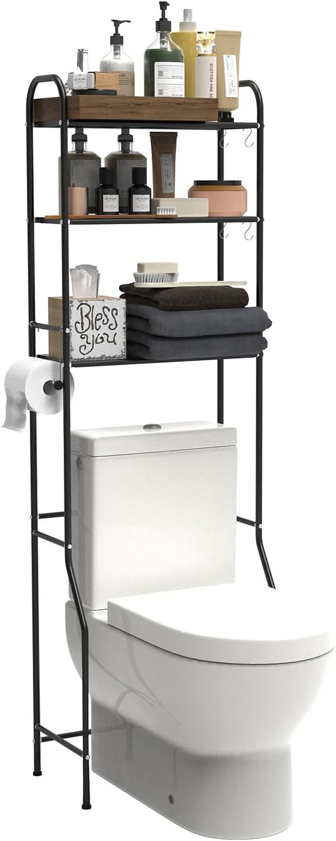 3-Tier Over The Toilet Storage With Paper Holder, Metal Bathroom Organizers And Storage For Small Space, Freestanding Bathroom Shelves With 8 Hooks