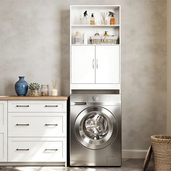 Over The Toilet Storage, Taller Bathroom Organizer Space-Saving Storage Cabinet with Adjustable Shelves and Double Doors, 77 in H, White