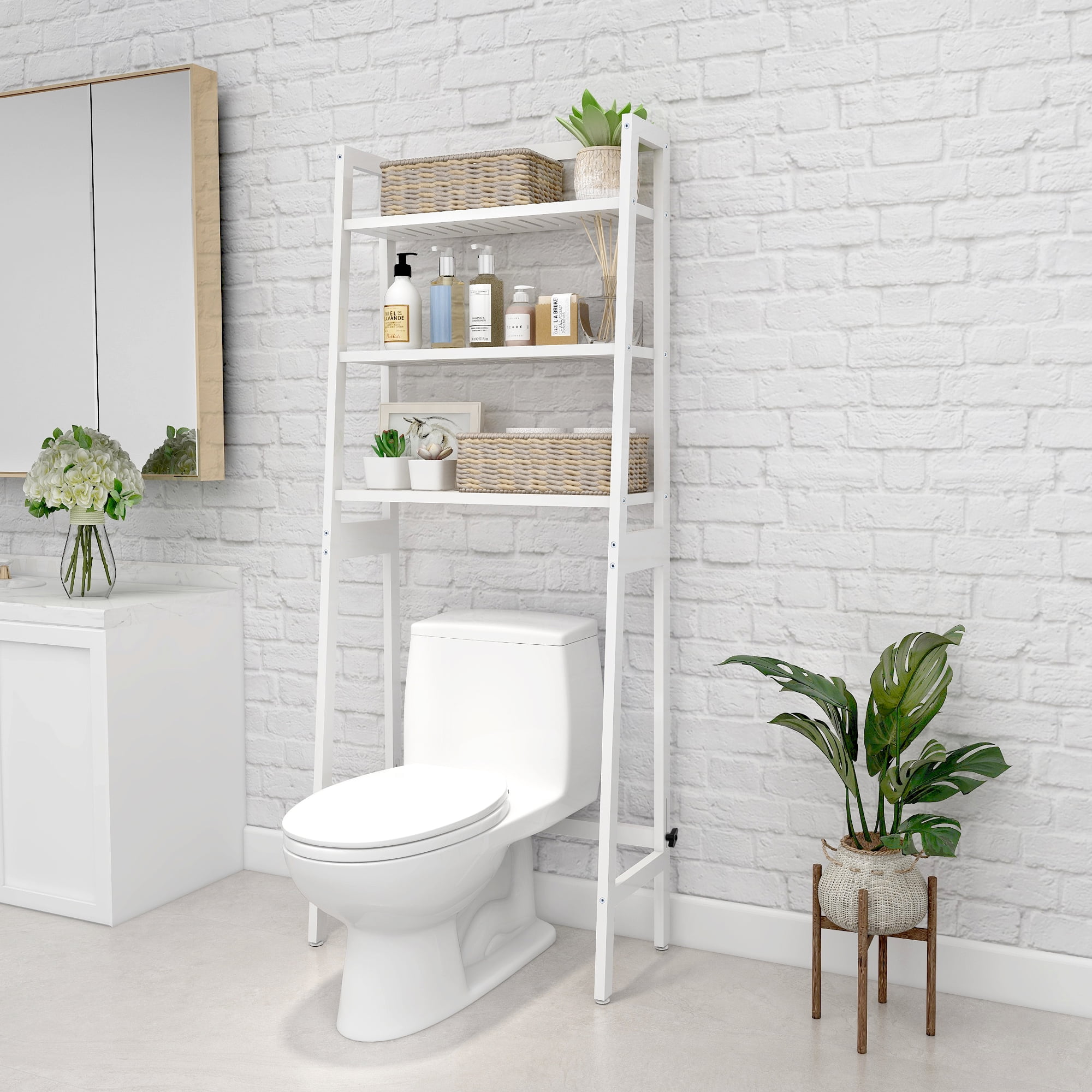 White Solid Pine 3-Tier Over-The-Toilet Storage Rack