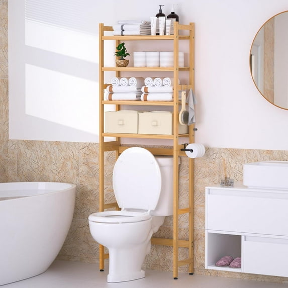 Over The Toilet Storage with 2 Baskets, 4-Tier Bamboo Organizer Rack with Paper Holder & 4 Hooks, Freestanding Shelf for Bathroom (Natural)