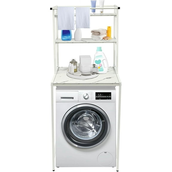 Over The Washer Dryer Storage Shelf 3-Tier Laundry Room Space Saver Bathroom Organizer Rack for Hanging Towels Drying Clothes Rack (White+Marble)