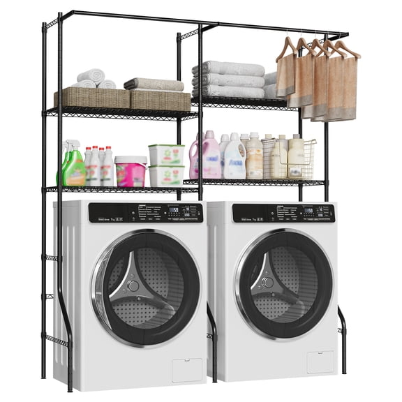 Over The Washer and Dryer Storage Shelf, 4-Tier Clothes Drying Rack with Hanger Rod, Adjustable Height Wire Shelving, Laundry Room Storage Shelf