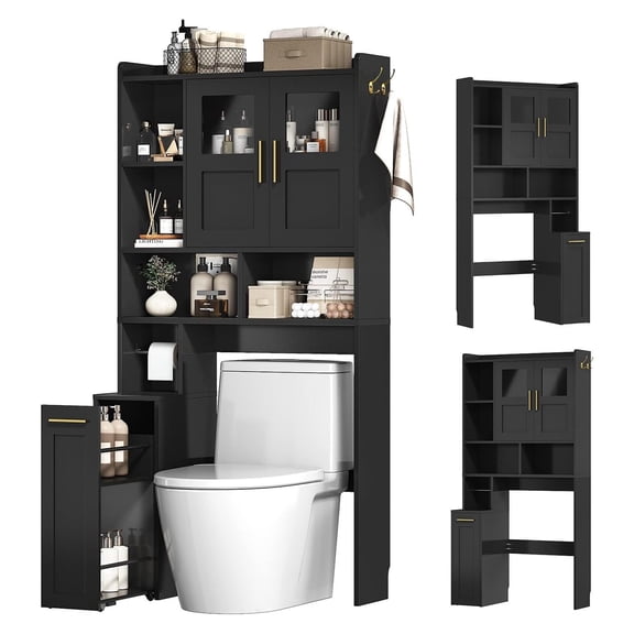 YfulYde Adult Bathroom Adjustable 4-Tiers Engineered Wood Storage Shelf Unit, Black, with Anti-tip Device