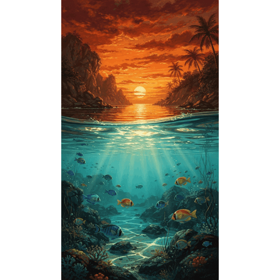 Over-Under Seascape with Tropical Sunset and Fish Unframed Canvas Poster - 12x16 Inch