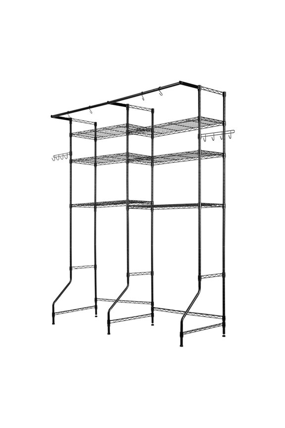 Over Washer Dryer Shelf, 6 Tier Laundry Storage Rack - Adjustable Metal Shelves & Hanger Rod - Black Space Saver