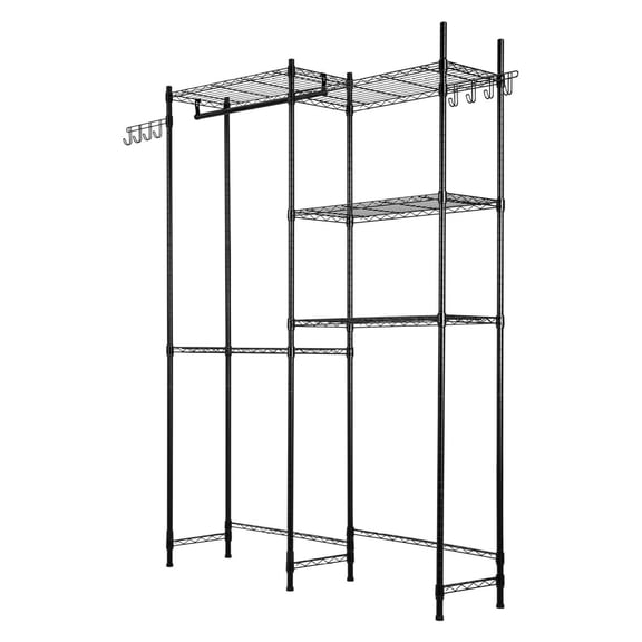 Over Washer Dryer Shelves 5 Tier, Laundry Storage Rack with Hanger Rod & Hooks, Adjustable Metal Shelves Space Saver for Laundry Room, Black