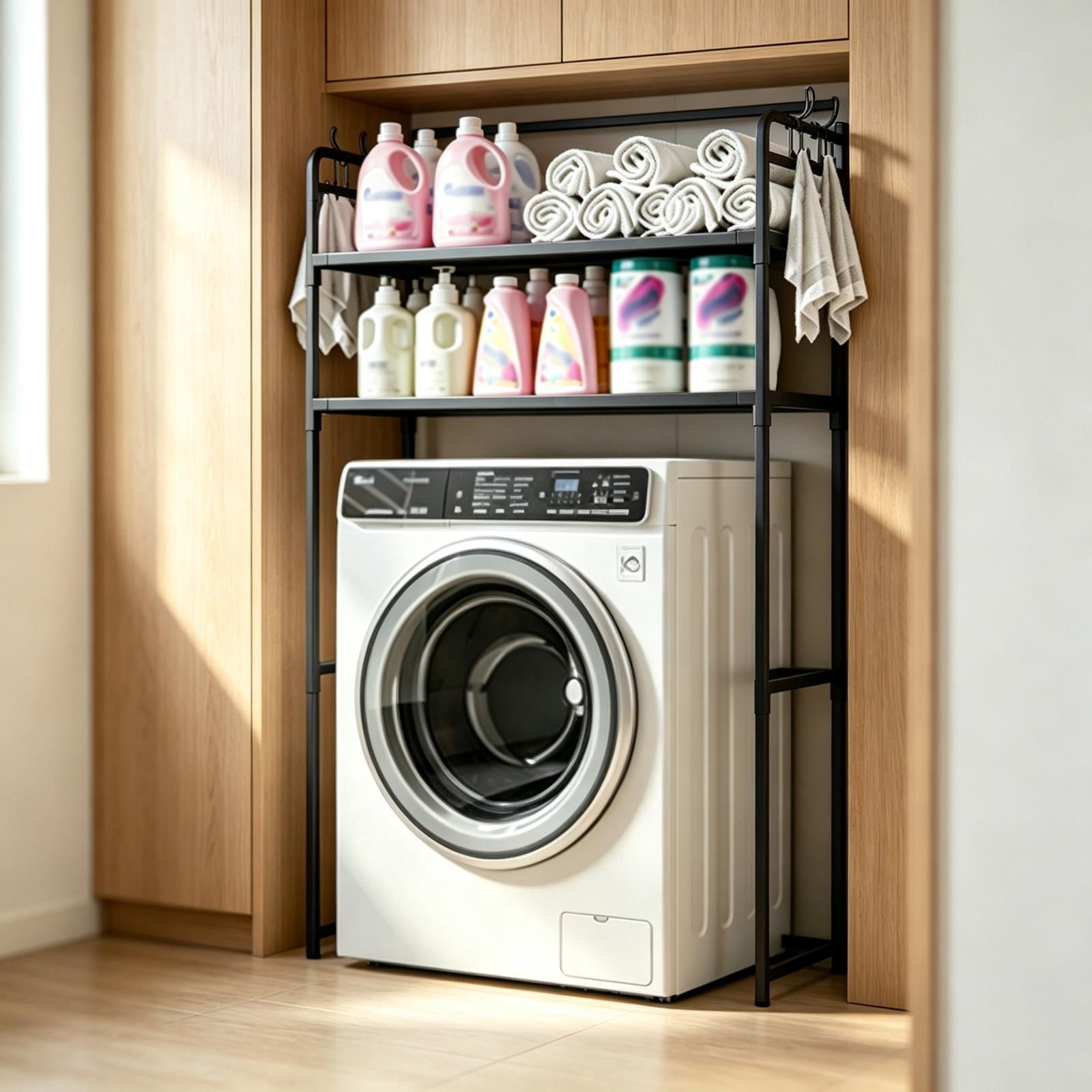 Formula 1 Rack Over Washer Storage Rack with Removable Hooks, Laundry Rack Organizer ...