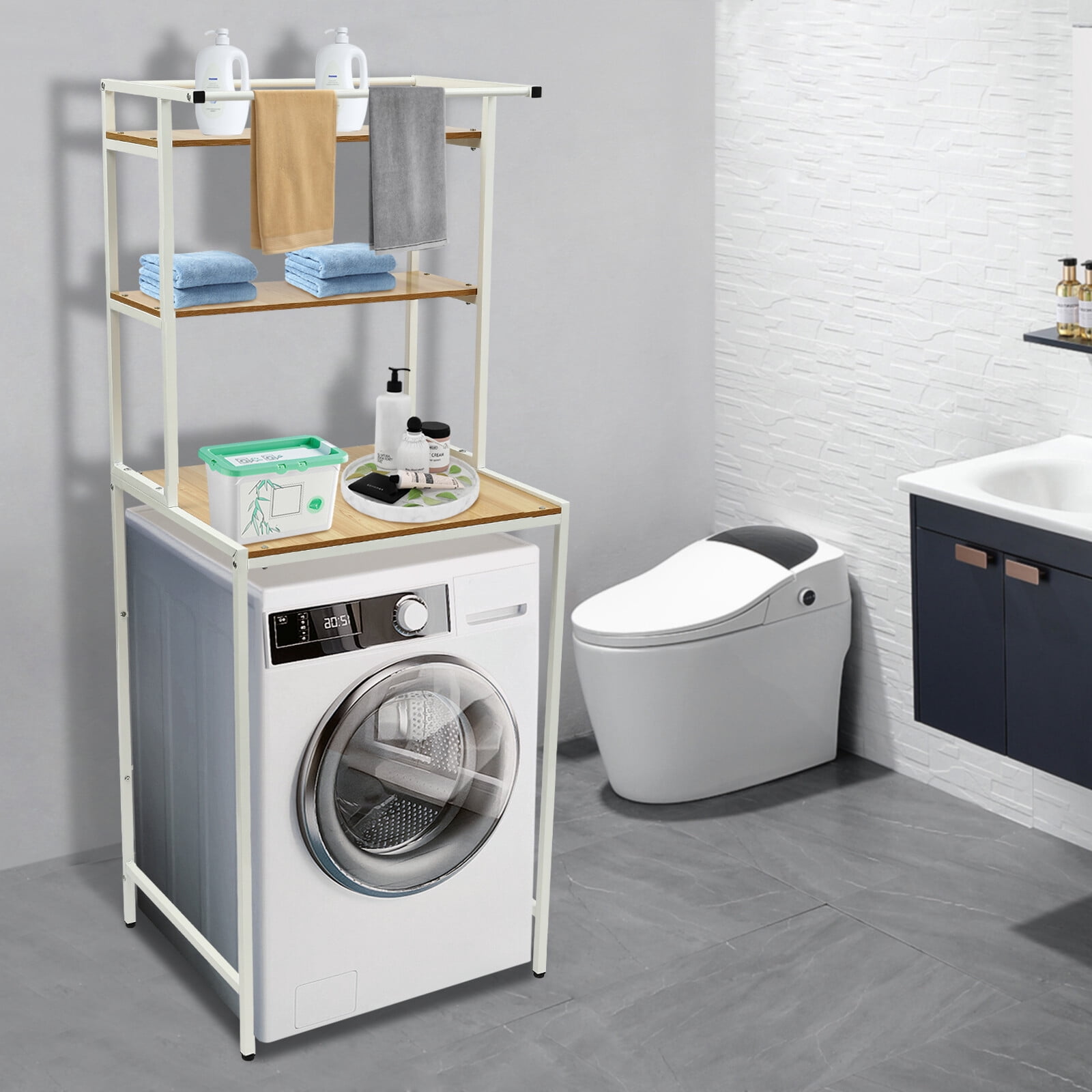 Over Washer and Dryer Storage Shelf Portable Organizer Rack Space Saver Standing Rack with Adjustable Feet for Bathroom Laundry Room (White+Log)