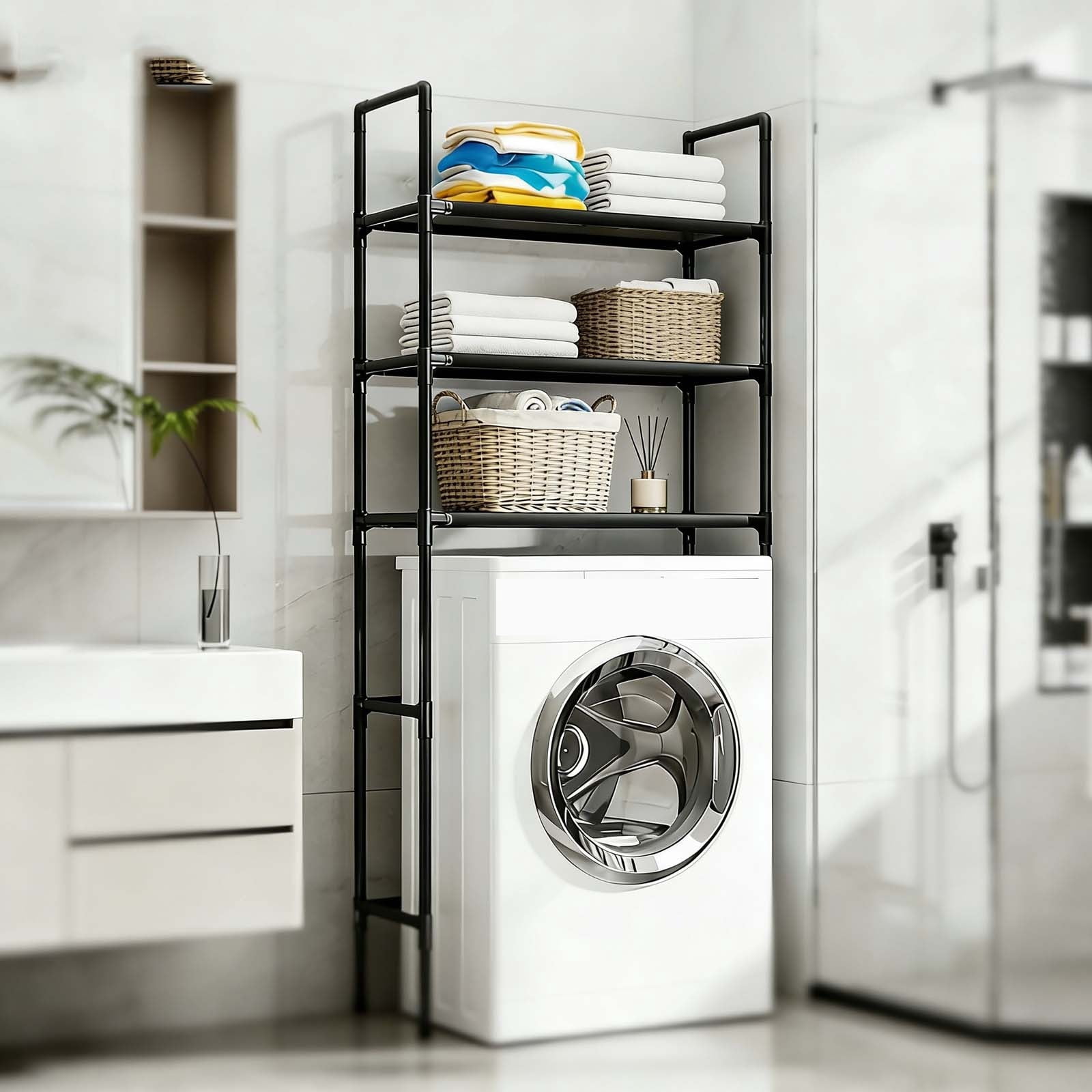 Over Washer and Dryer Storage Shelf - Portable Stacking Kit for Laundry Room, Over Toilet Bathroom Organizer & Above Toilet Storage Shelf