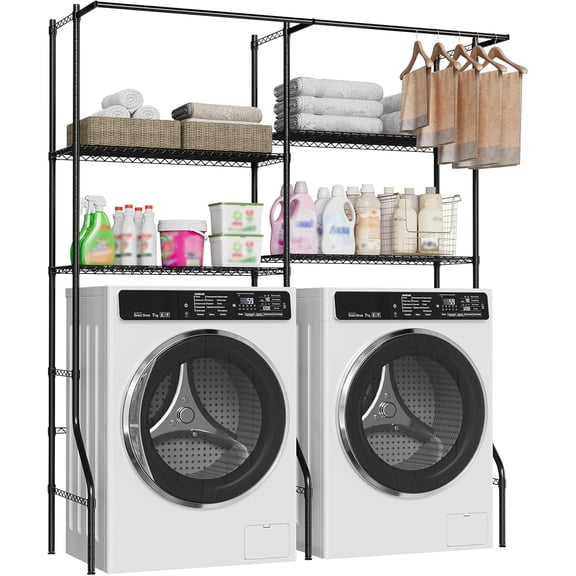 Over Washer and Dryer Storage Shelves, Adjustable Height 4-Tier Laundry Rack with Hanger Rods & Hooks, Black