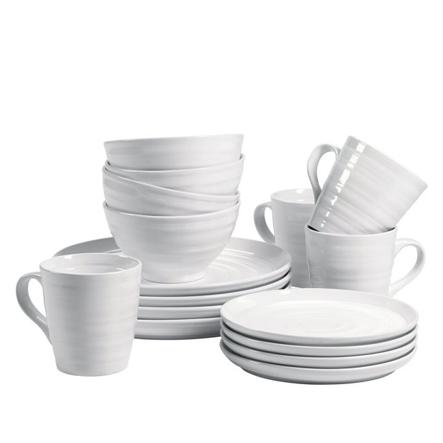 Over and Back Modern 16 Piece White Stoneware Circles Dinnerware Set