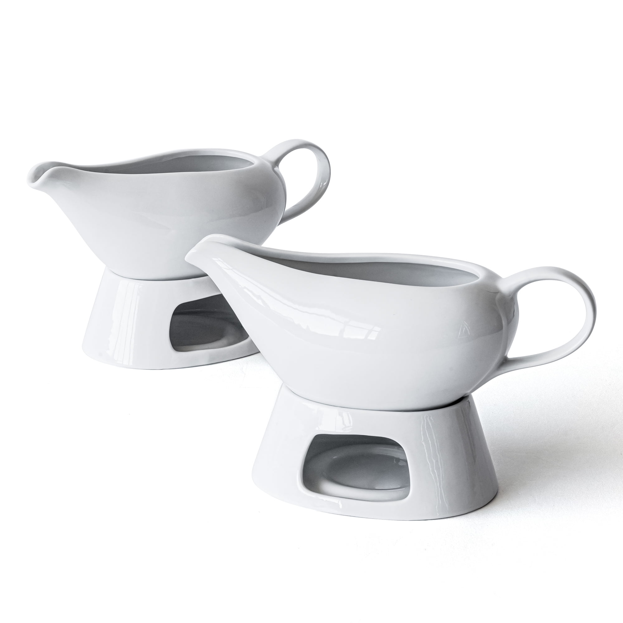 Over and Back Set of 2 White Porcelain Gravy Boats With Warming Stand