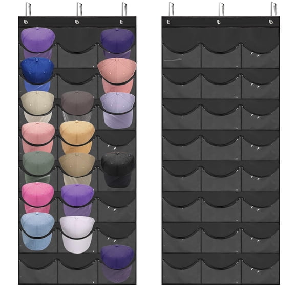 Over the Door Baseball Hat Rack, 24 Pocket Cap Organizer with 3 Hooks, Spacious Transparent Hat Storage for Closet or Bedroom, Black