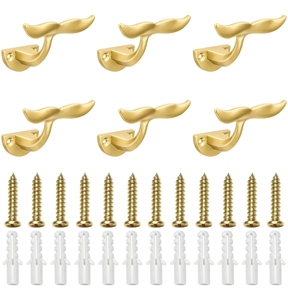 6 Pcs Gold Whale Tail Wall Hooks, Unique Shape Zinc Alloy Coat Hooks, 3.1 x 2.3 x 1.7 x 0.9 in Sturdy Door Mounted Hangers for Bathroom, Bedroom, Kitchen