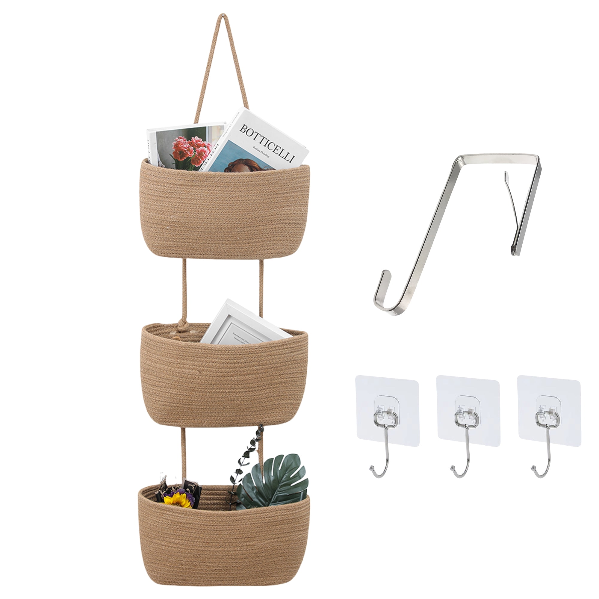 Over the Door Hanging Basket, 3-Tier Woven Cotton Wall-Mounted Storage Organizer Bag Decorative Hanging Nursery Baskets - Jute