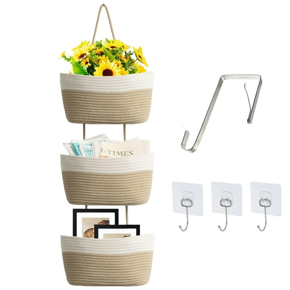 Over the Door Hanging Basket, 3-Tier Woven Cotton Wall-Mounted Storage Organizer Bag Decorative Hanging Nursery Baskets - Jute