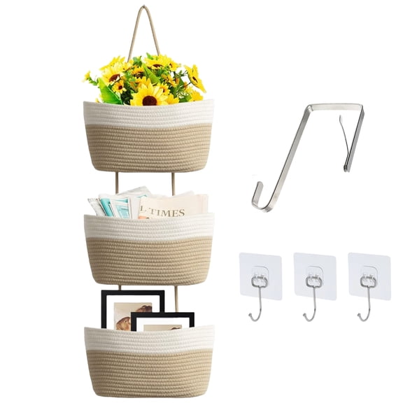 Over the Door Hanging Basket, 3-Tier Woven Cotton Wall-Mounted Storage Organizer Bag Decorative Hanging Nursery Baskets - Jute