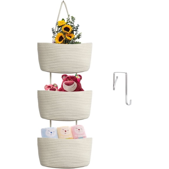 Over the Door Hanging Baskets, 3-Tier Woven Cotton Storage Organizer Bag with Hooks Wall-Mounted Decorative Nursery Kitchen Baskets - White