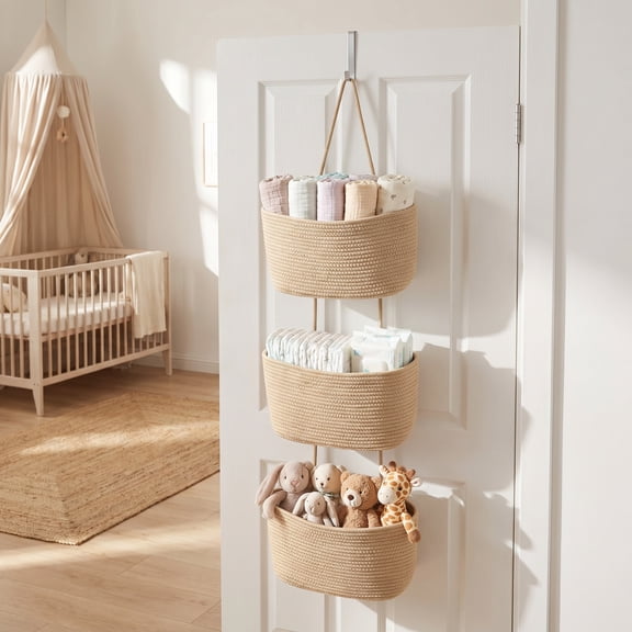 Over the Door Hanging Basket 3-Tier Woven Cotton Wall-Mounted Storage Organizer Bag, Decorative Hanging Nursery Baskets, Jute