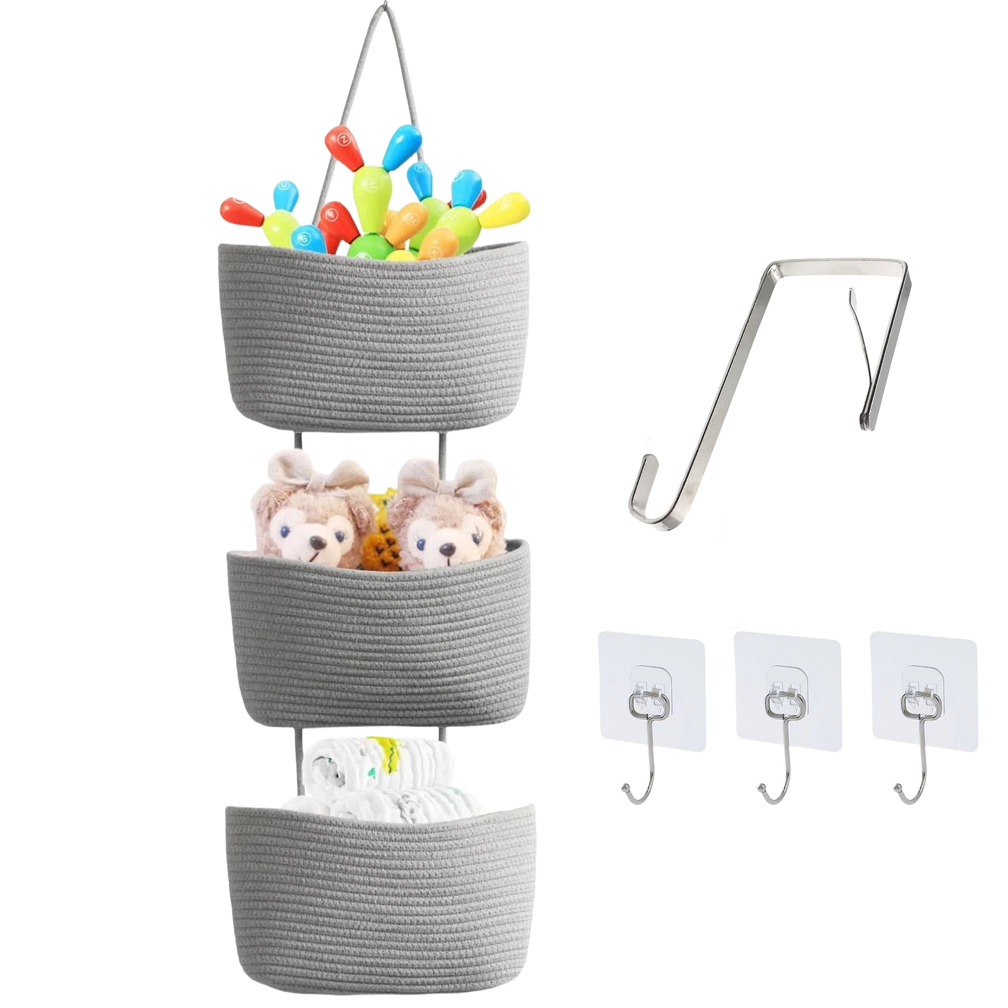 Over the Door Hanging Basket, 3-Tier Woven Cotton Wall-Mounted Storage Organizer Bag Decorative Hanging Nursery Baskets - Jute
