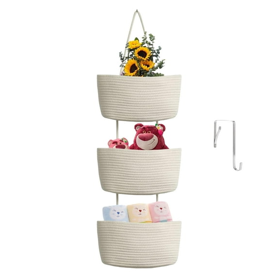 Over the Door Hanging Basket, 3-Tier Woven Cotton Wall-Mounted Storage Organizer Bag Decorative Hanging Nursery Baskets - Jute