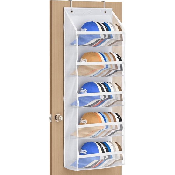 Over the Door Hat Organizer for Baseball Caps, Mesh Pockets Hat Rack for Door, Holds Up to 50 Caps Hat Holder for Closet with 2 Hooks (Arctic White)