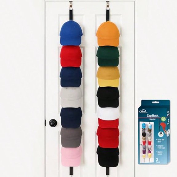 Over-the-Door Hat Rack Organizer 4 Pack Holds Up to 32 Baseball Caps Snapbacks or Fitted Hats Adjustable Closet Door Hat Storage with Hooks No-Tool Installation for Men Women and